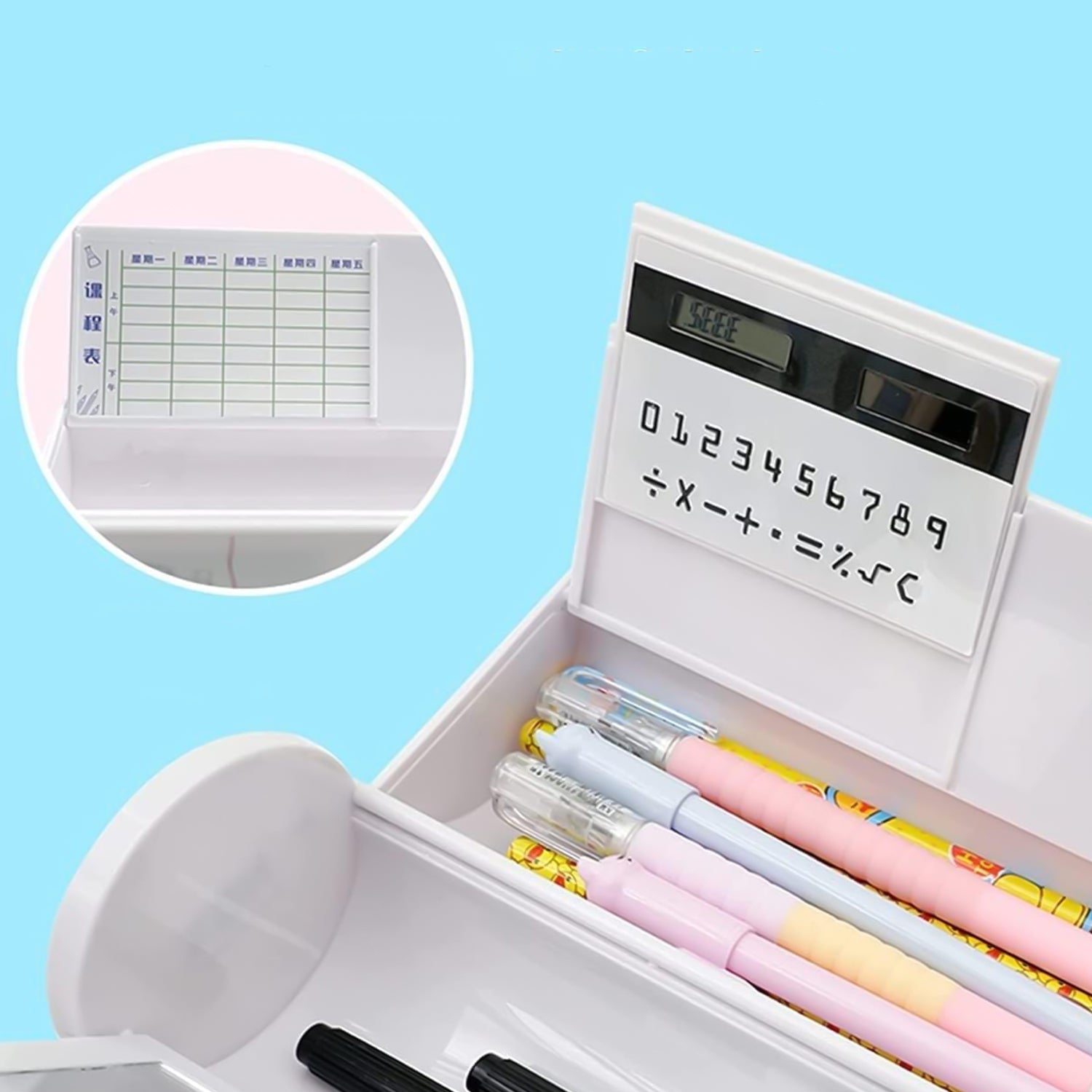 17609 8 in 1 Compass Box, Geometry Box 2 Compartment, Pencil Box with 1 Calculator, 1 Mirror, 2 Marker for Boys Art Plastic Pencil Box