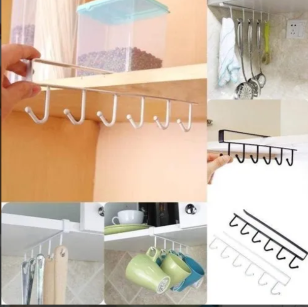 Over Cabinet Multi Hook Rack – Space-Saving Metal Organizer (Black)