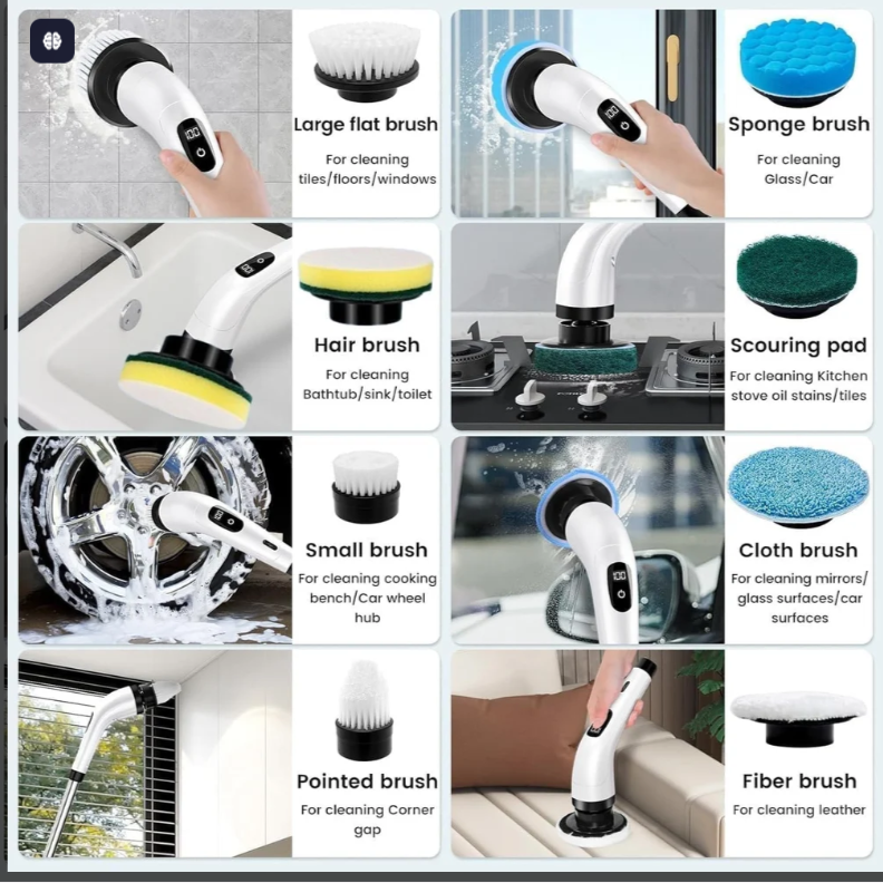 Electric Spin Scrubber with Telescopic Handle – Multi-Surface Cleaning Brush (9 in 1 )