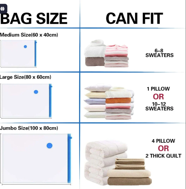 Vacuum Compression Storage Bags – Space Saving Zip Lock Bags with Pump (Set)