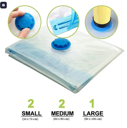 Vacuum Compression Storage Bags – Space Saving Zip Lock Bags with Pump (Set)
