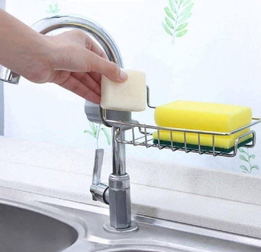 Stainless Steel Sink Faucet Sink Caddy Organizer tap with Soap Holder, Drain Rack for scrubbers, Bathroom, Detachable no Suction Cup Bathroom soap Holder