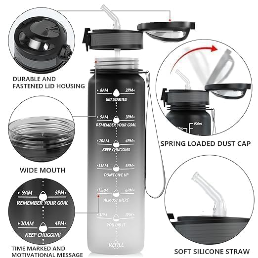 Motivational Water Bottle(900 ml - single piece)  with Time Marker – Leakproof, BPA-Free, Transparent Fitness Bottle**
